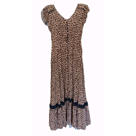 Caroline Morgan Black/Beige Leopard Print Button-Up Dress Lace Accents, Sm - Picture 2 of 6